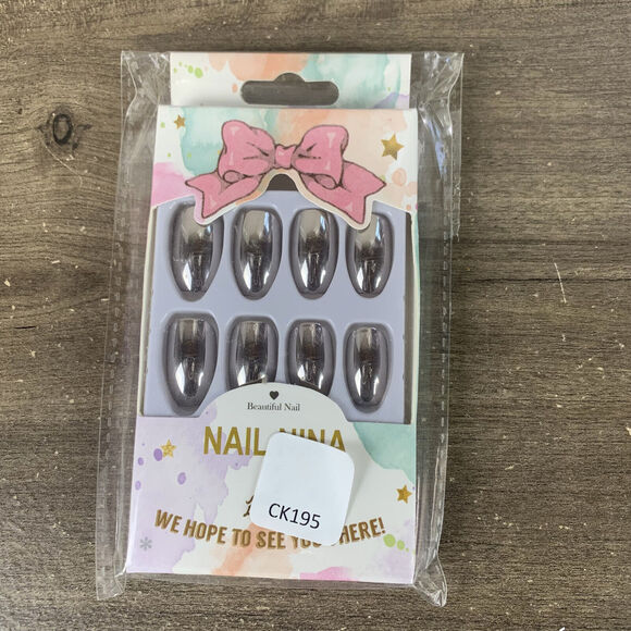 Metal Glossy Long Tapered Coffin Press On Nails Fake False 24 Pc Nail Set - Picture 3 of 8